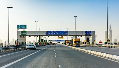 Modern Dubai highway with toll gates and vehicles