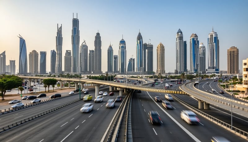 Modern Dubai skyline with transportation network
